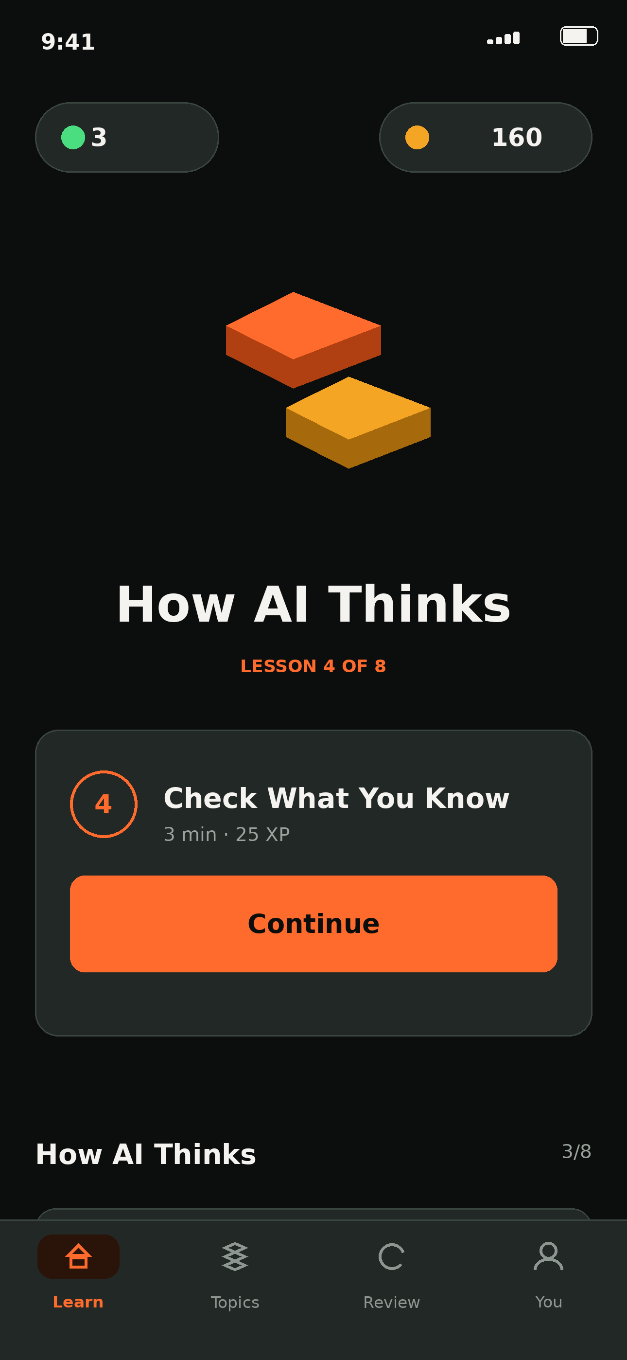 The Learn screen showing your next lesson