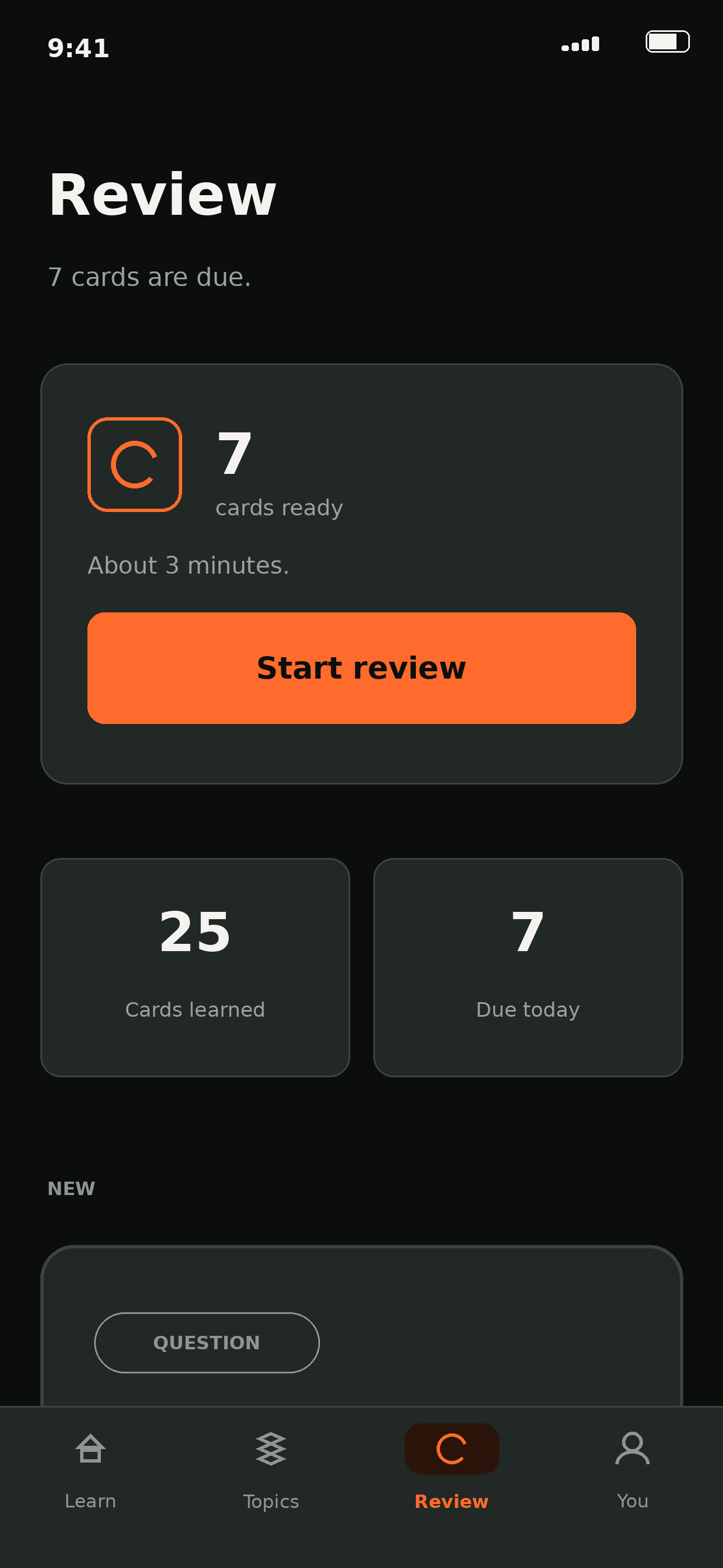 The Review screen showing cards due today